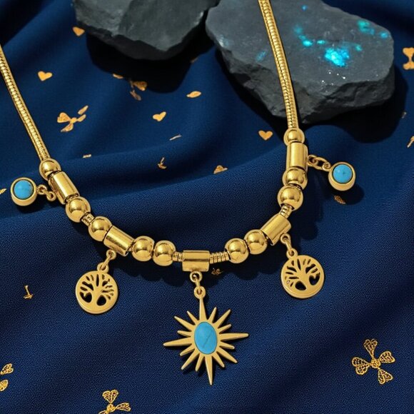 🆕18K Gold Plated Stainless Steel Turquoise Necklace Sun Tree Of Life Charms - Picture 15 of 15
